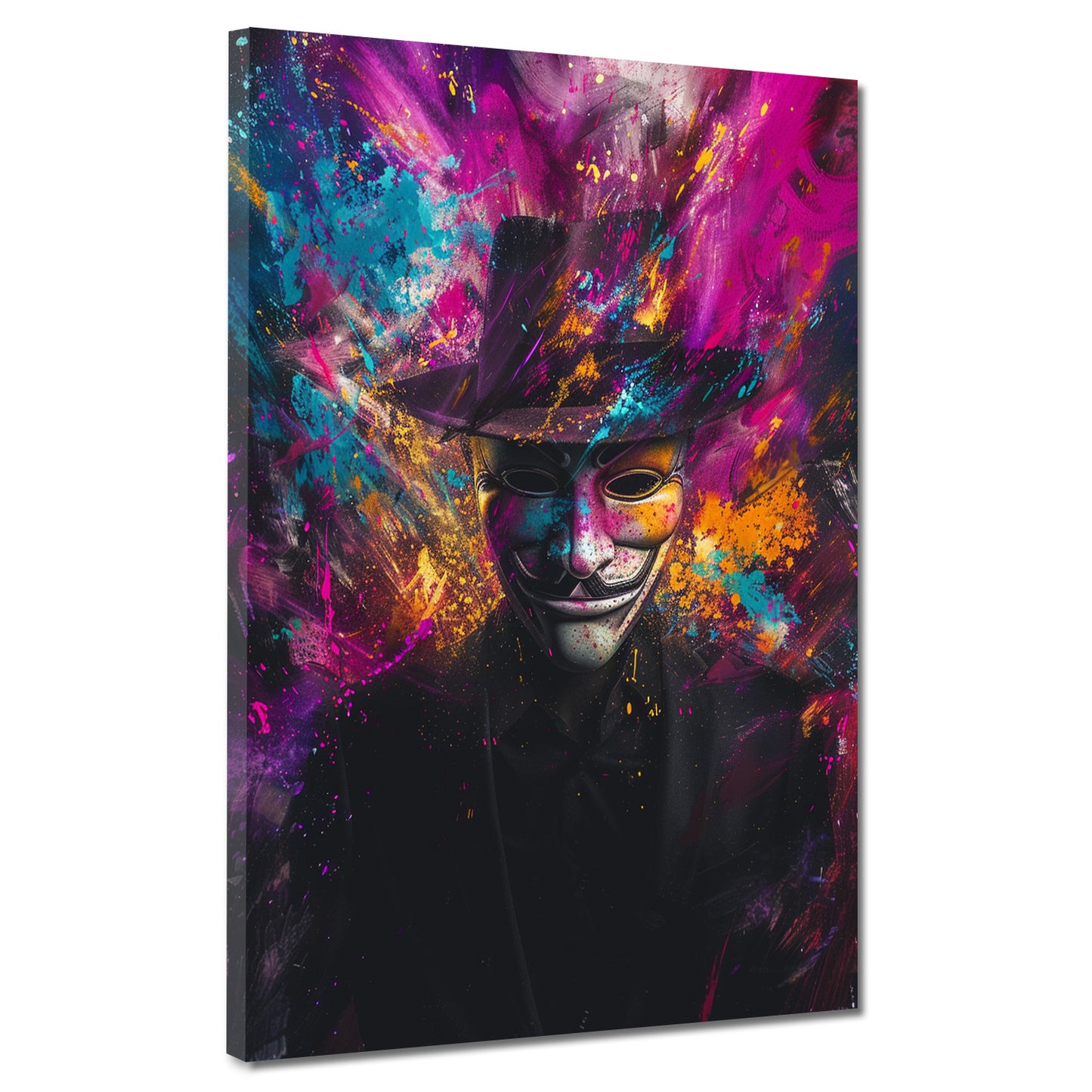 Wandbild Anonymous Maske Pop Art mit Hut und Farbenexplosion