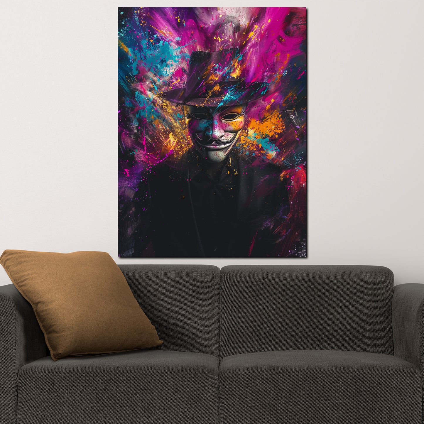 Wandbild Anonymous Maske Pop Art mit Hut und Farbenexplosion