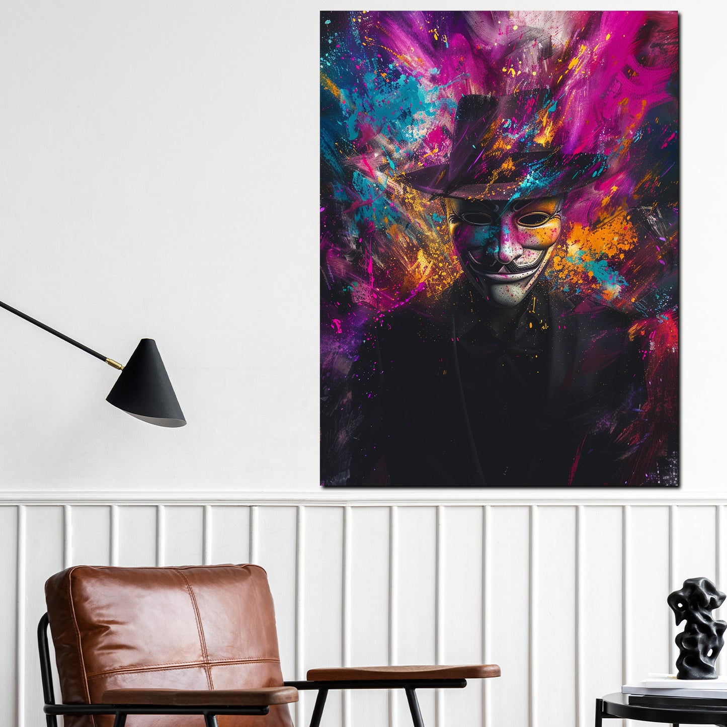 Wandbild Anonymous Maske Pop Art mit Hut und Farbenexplosion