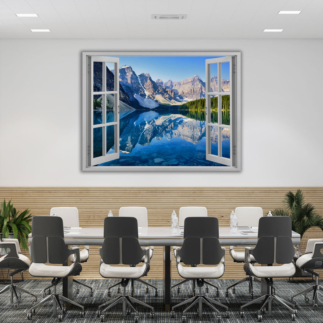 Alpenpanorama mit Fensterblick auf Bergsee Wandbild Kunstwerk