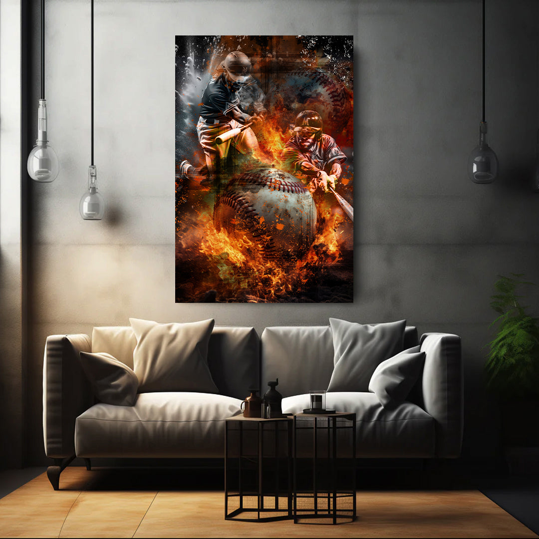 Baseball Action und Flammen Wandbild Kunstwerk
