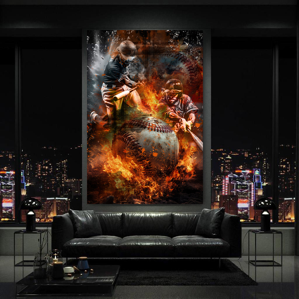 Baseball Action und Flammen Wandbild Kunstwerk