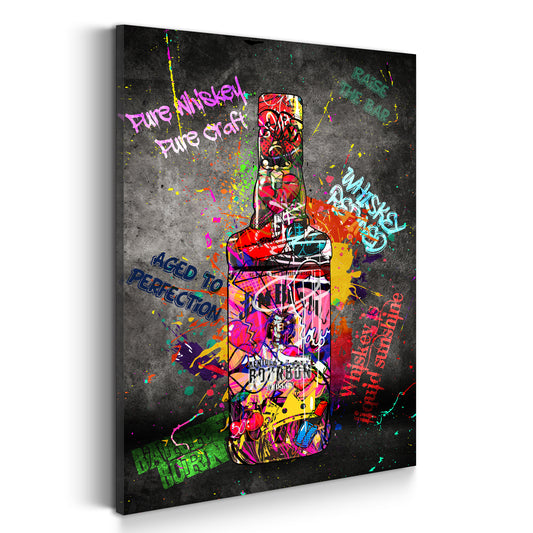 Bourbon Whiskyflasche Street Art Stil bunte Graffiti Elemente Wandbild Kunstwerk