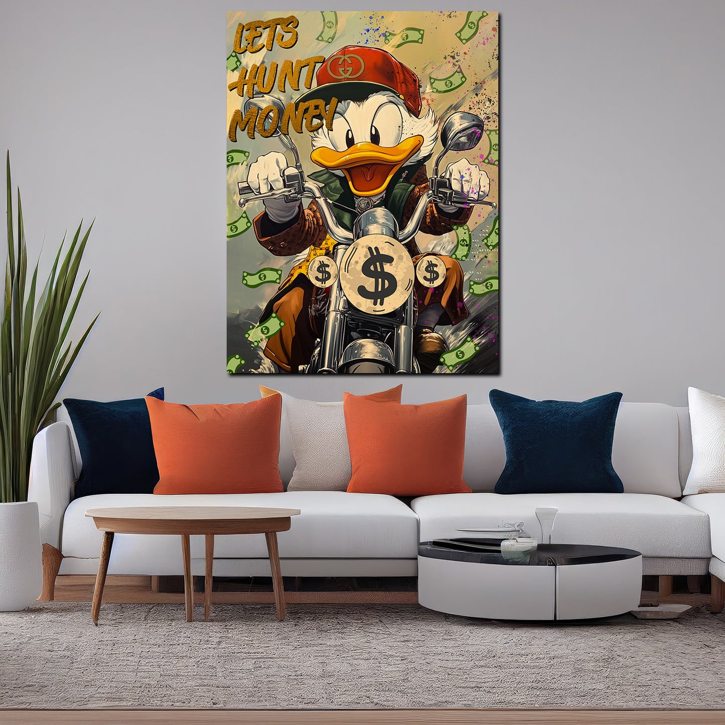 Wandbild Kunstwerk Comic Duck Jagd nach Geld Motorrad