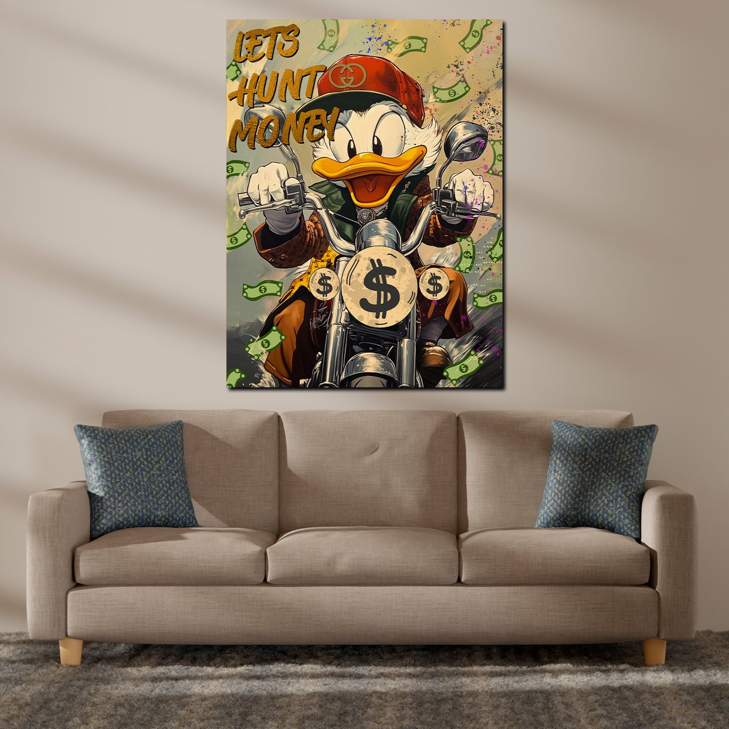 Wandbild Kunstwerk Comic Duck Jagd nach Geld Motorrad