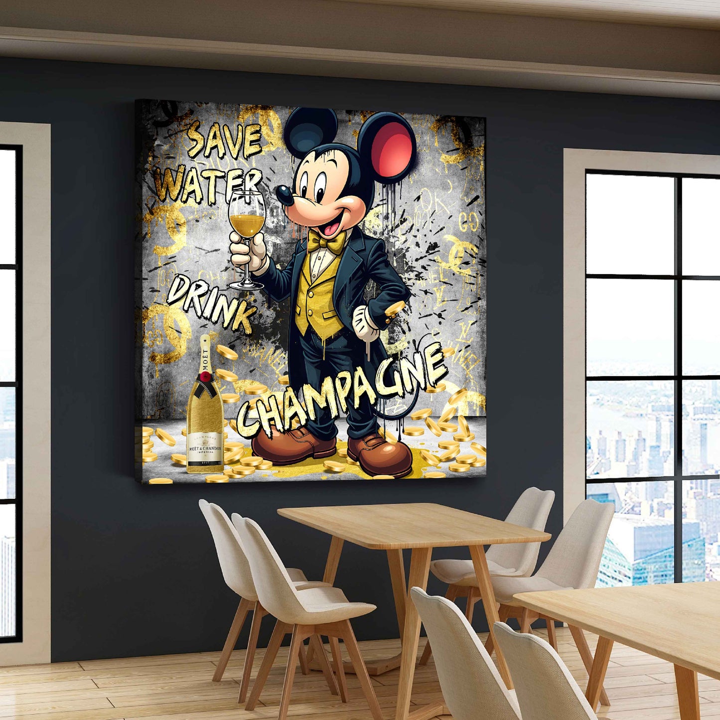 Wandbild Kunstwerk Comic Maus im Anzug Geld Champagner Lifestyle elegant