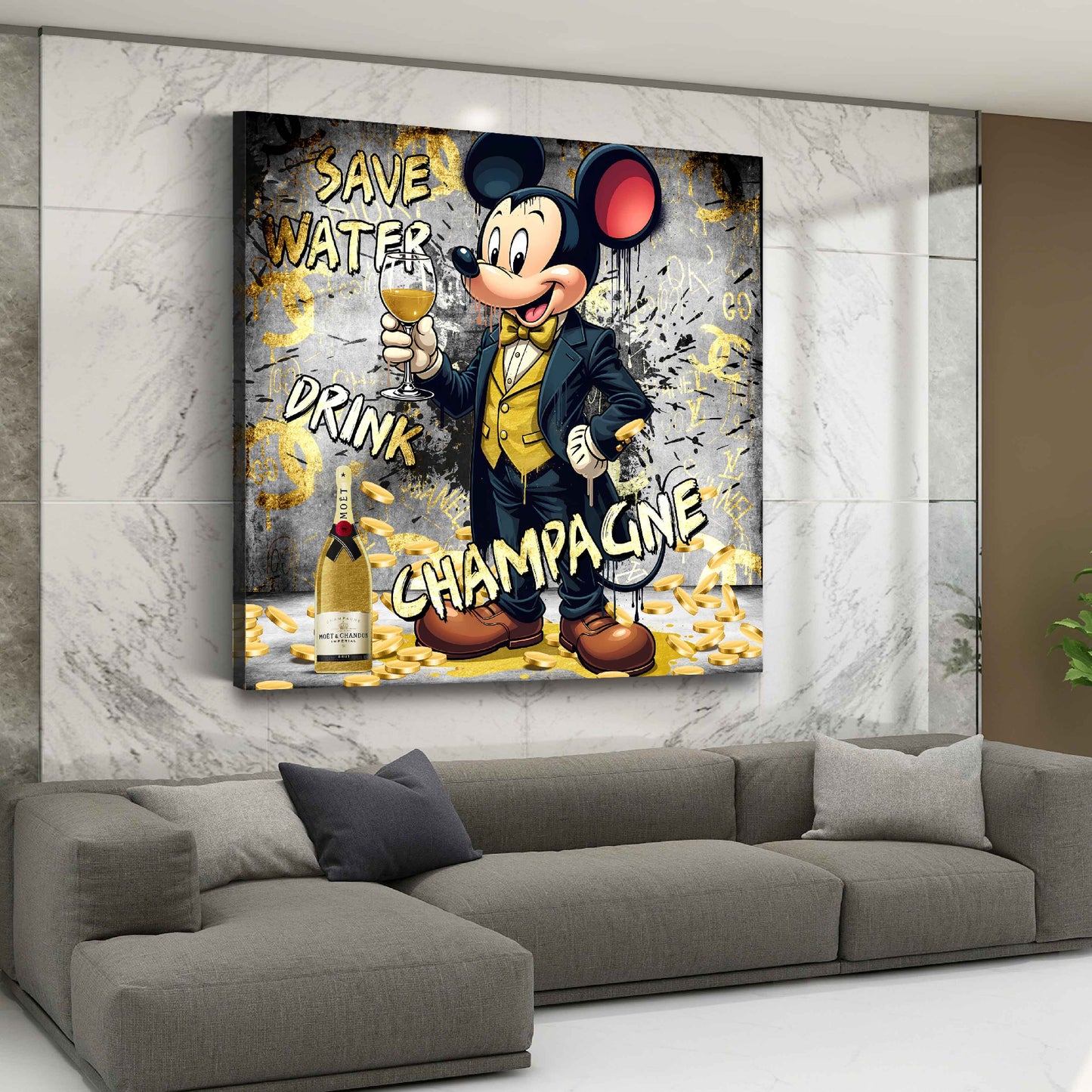Wandbild Kunstwerk Comic Maus im Anzug Geld Champagner Lifestyle elegant
