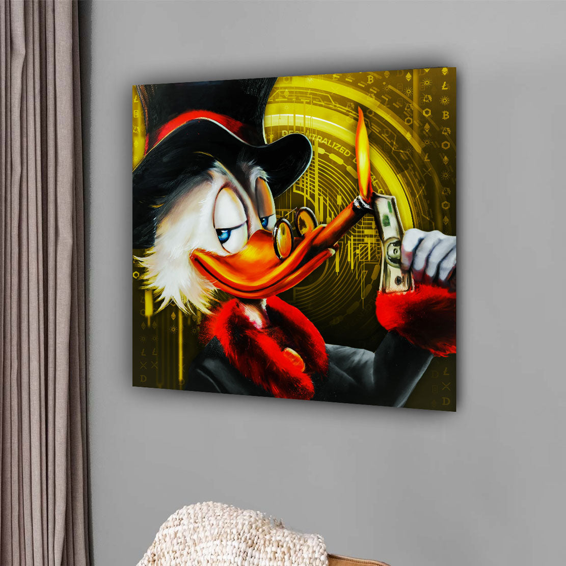 Dagobert Pop Art Bitcoin, Comic Gold Wandbild Kunstwerk