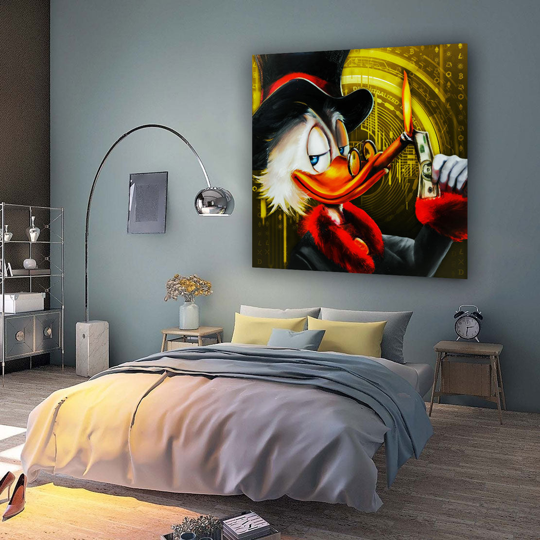 Dagobert Pop Art Bitcoin, Comic Gold Wandbild Kunstwerk