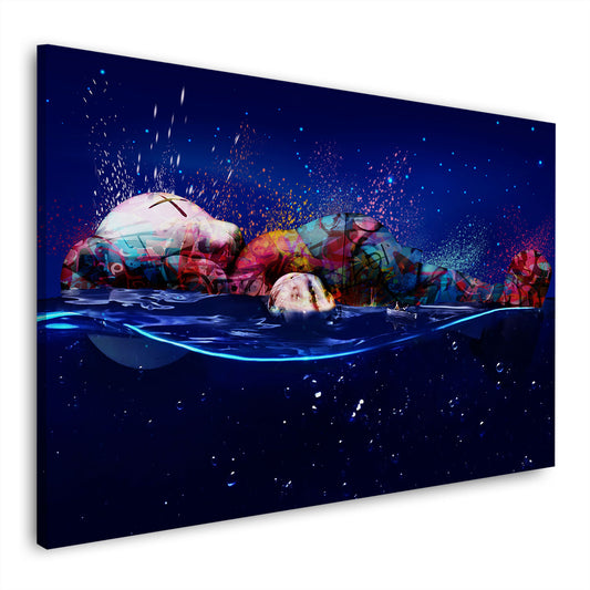 Figur in Pop Art und Graffiti mit Wasserlandschaft Wandbild Kunstwerk
