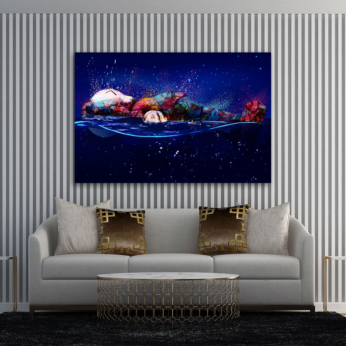 Figur in Pop Art und Graffiti mit Wasserlandschaft Wandbild Kunstwerk