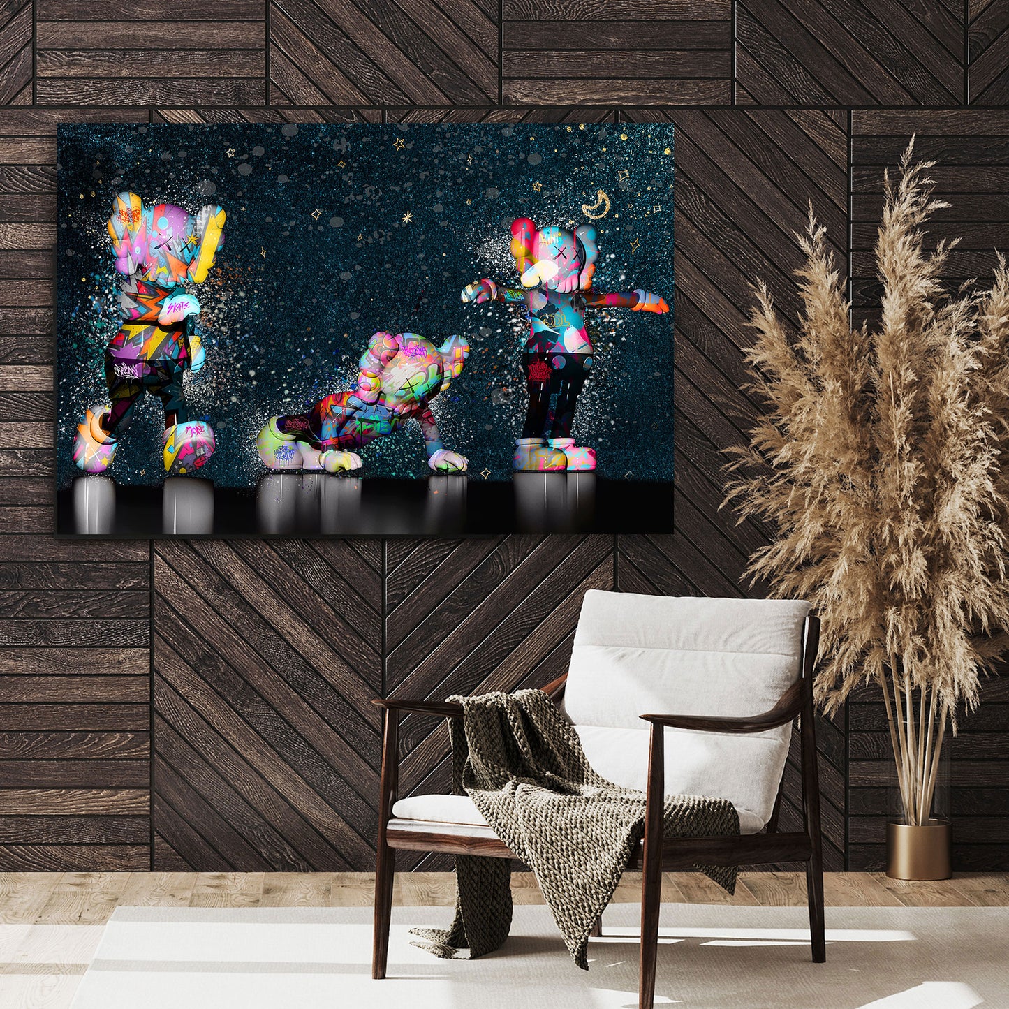 Figuren auf schwarzem Hintergrund mit Graffiti Street Art Wandbild Kunstwerk