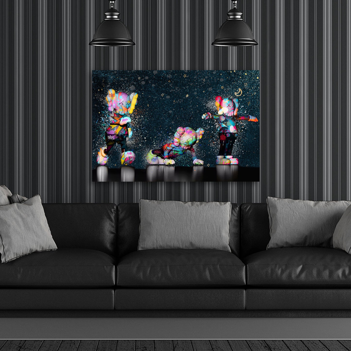 Figuren auf schwarzem Hintergrund mit Graffiti Street Art Wandbild Kunstwerk