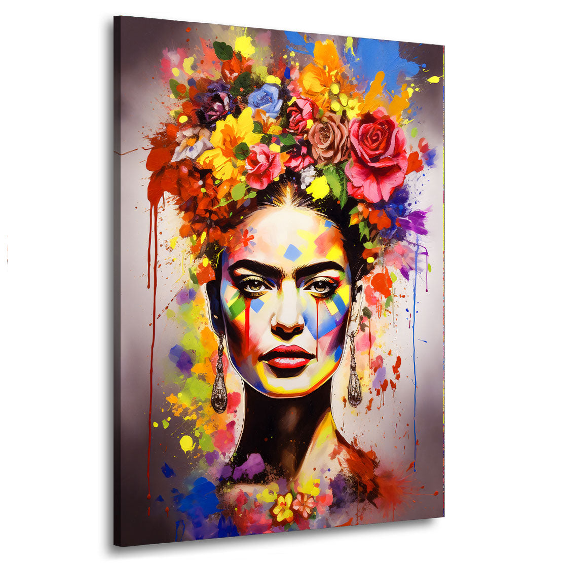 Pop Art Frida mit Blumen und Farben im Stil Wandbild Kunstwerk