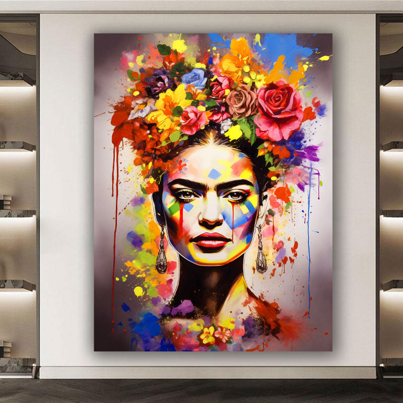 Pop Art Frida mit Blumen und Farben im Stil Wandbild Kunstwerk