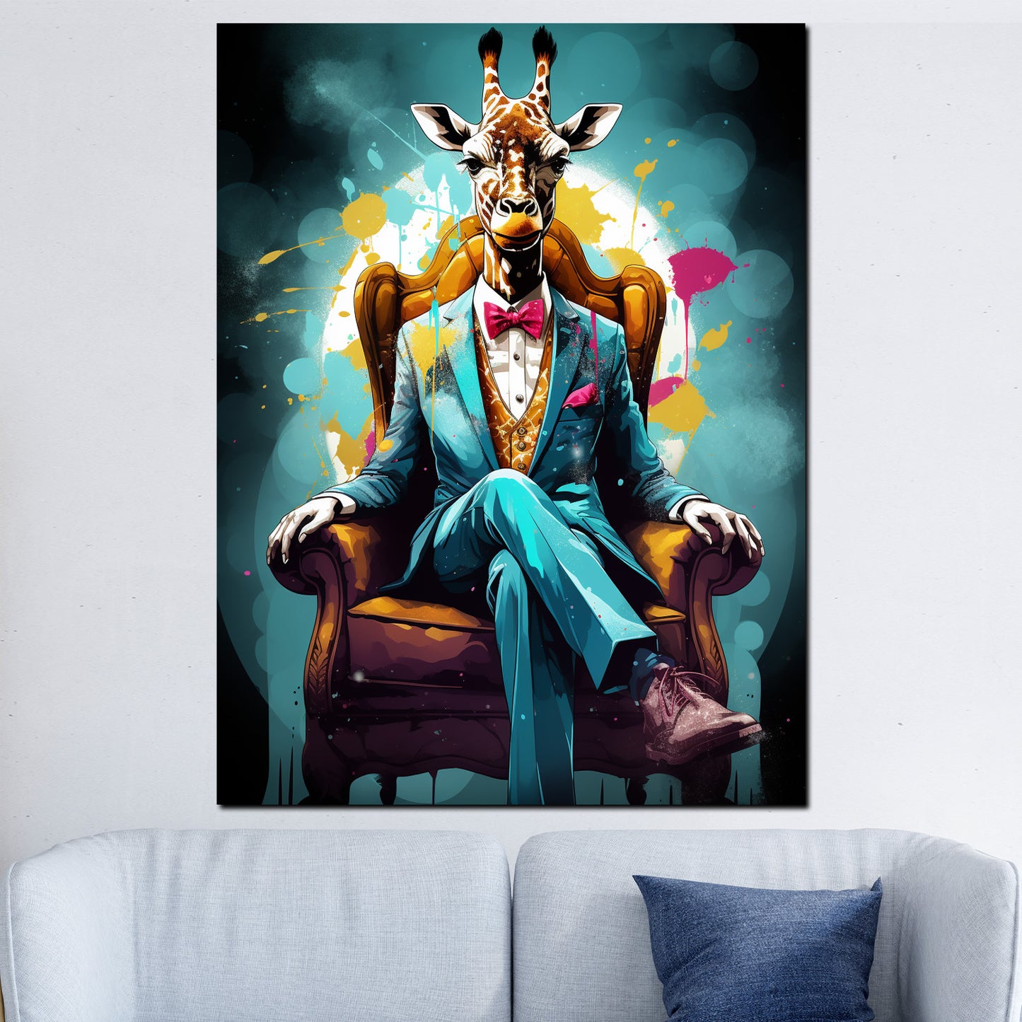 Giraffe im Anzug im Sessel sitzend Wandbild Kunstwerk
