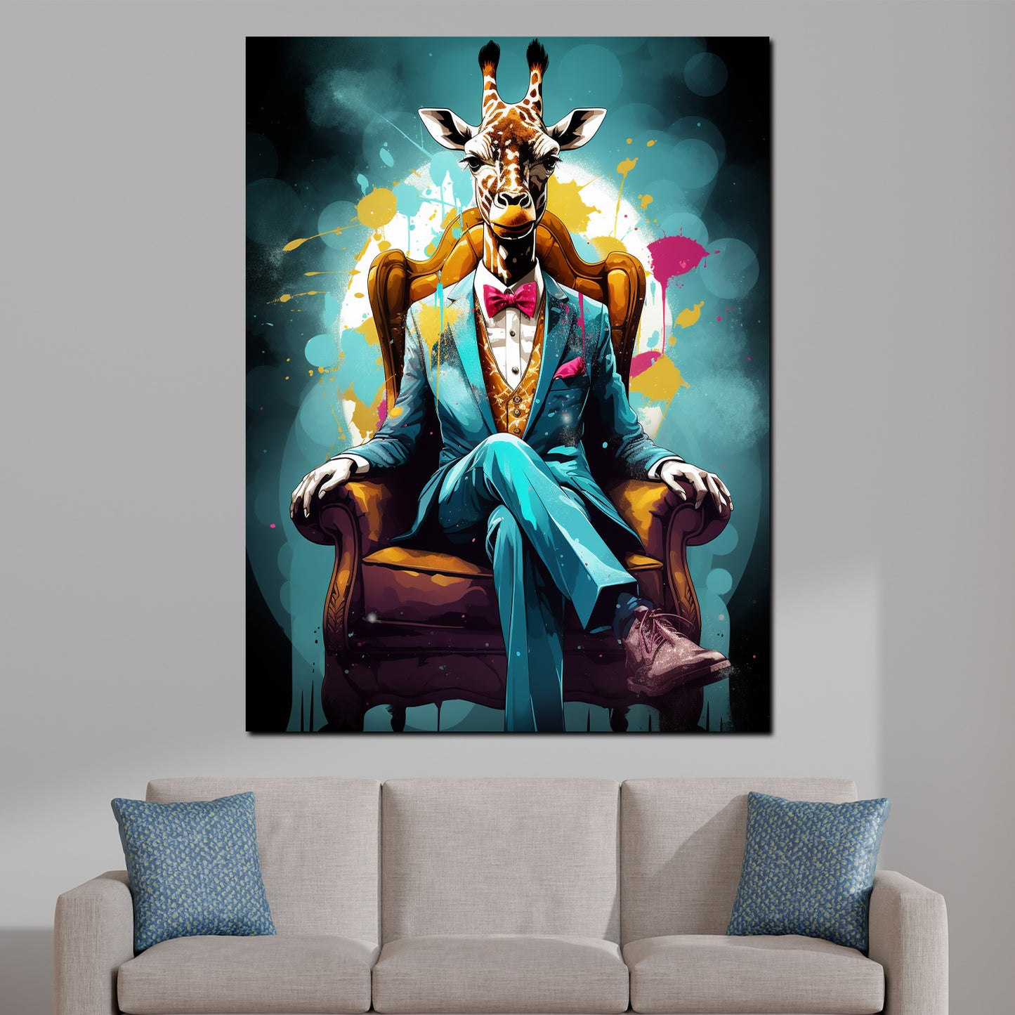 Giraffe im Anzug im Sessel sitzend Wandbild Kunstwerk