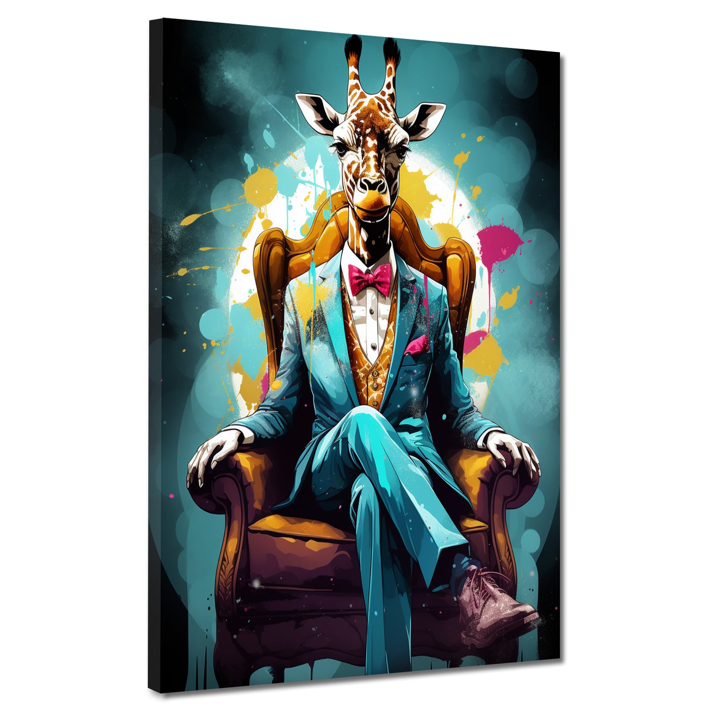 Giraffe im Anzug im Sessel sitzend Wandbild Kunstwerk
