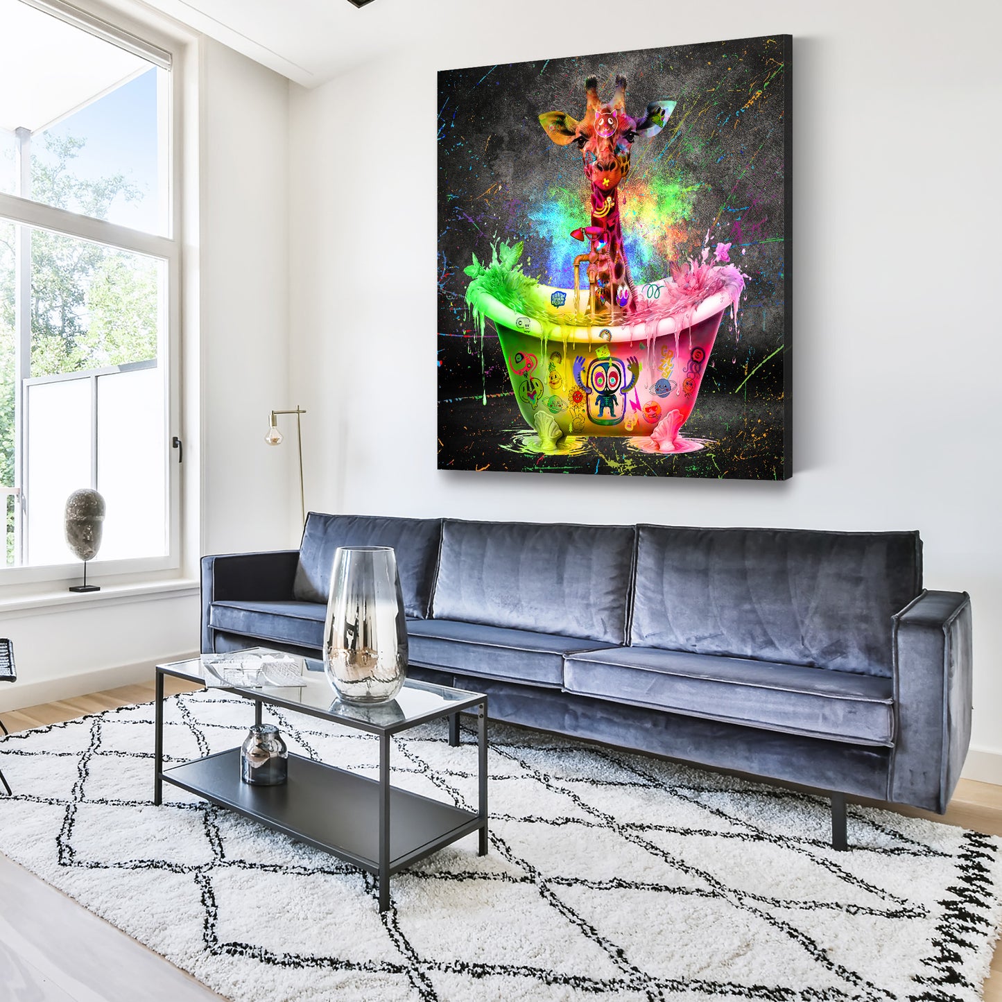 Giraffe in Badewanne Graffiti Pop Art Style Wandbild Kunstwerk