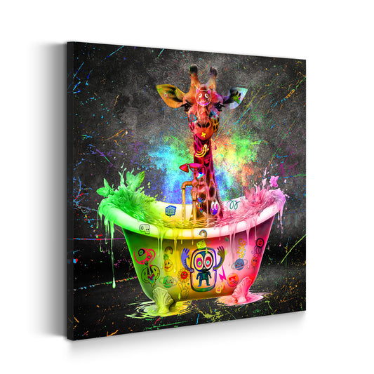 Giraffe in Badewanne Graffiti Pop Art Style Wandbild Kunstwerk