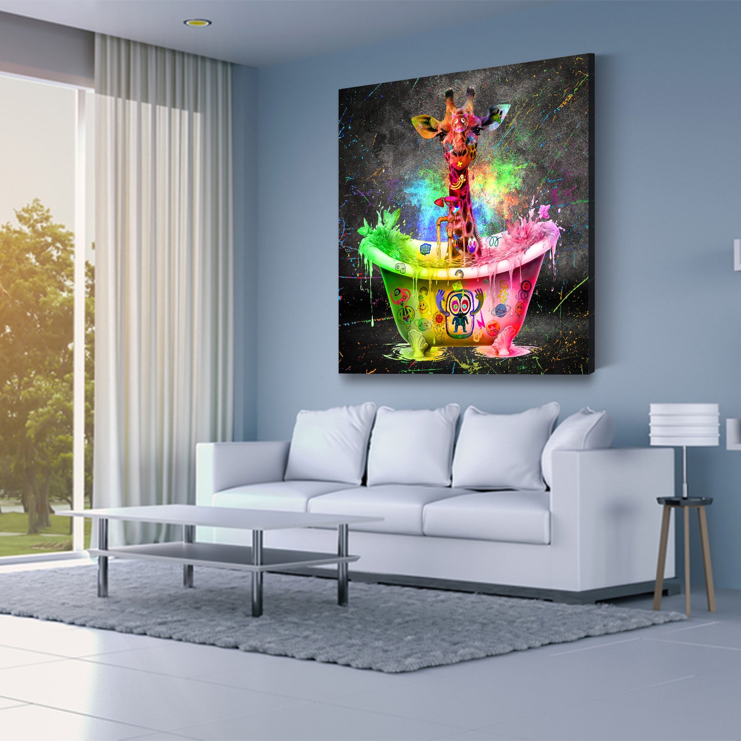 Giraffe in Badewanne Graffiti Pop Art Style Wandbild Kunstwerk