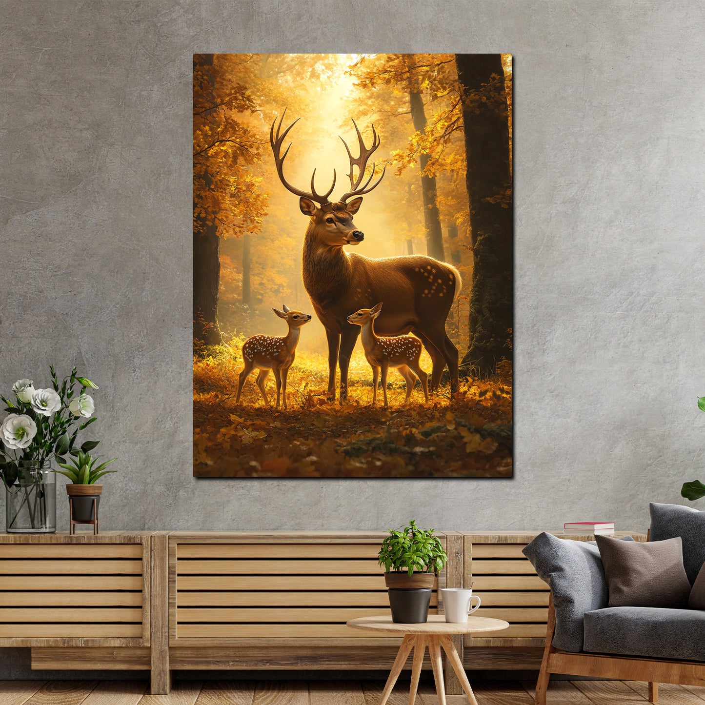 Wandbild Kunstwerk Hirsche Geborgenheit Herbstwald