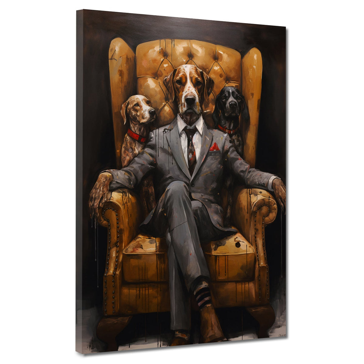 Hund im Anzug sitzend im Sessel Wandbild Kunstwerk