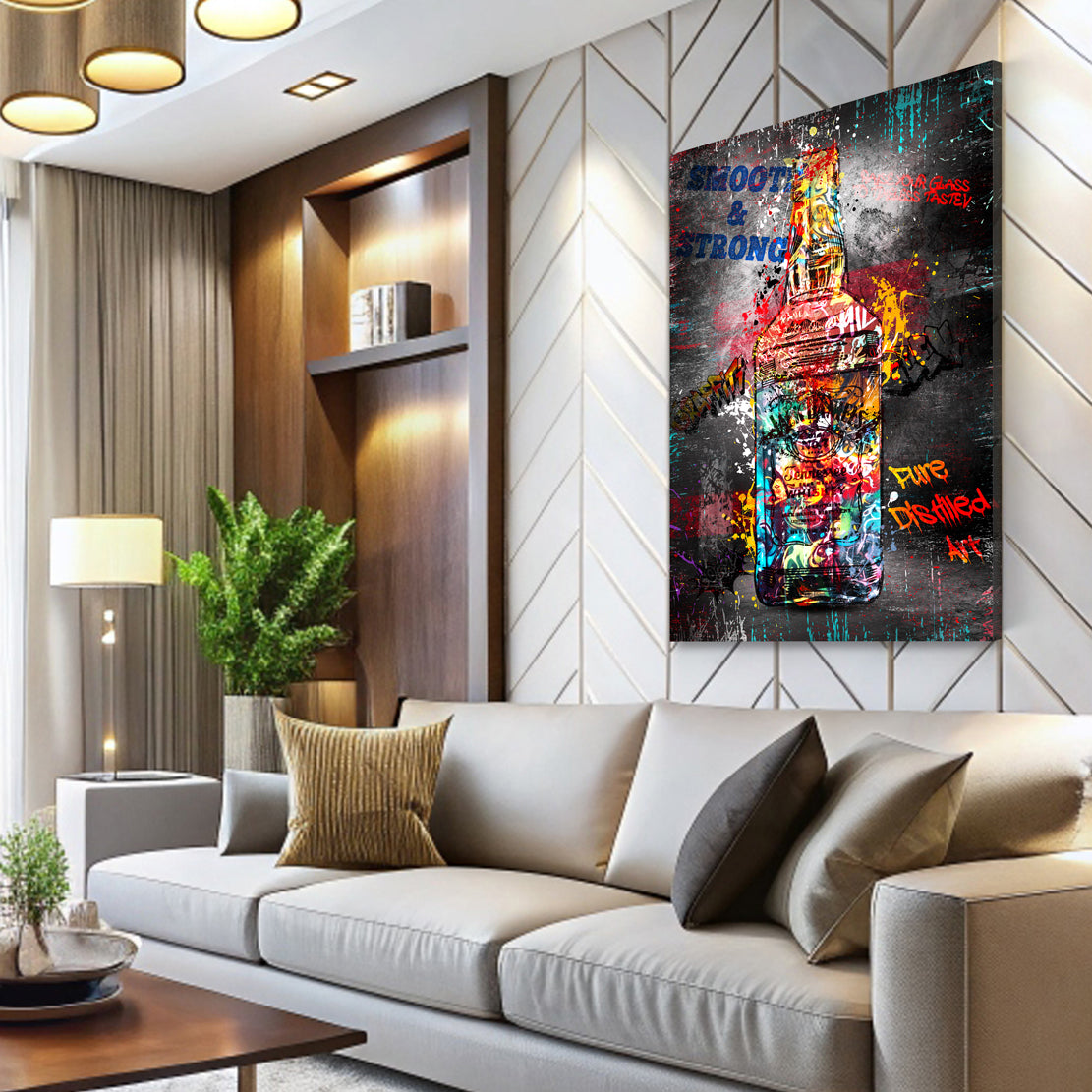 Jack Whiskyflasche Street Art Stil bunte Graffiti Akzente Wandbild Kunstwerk
