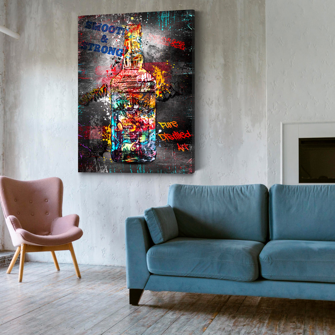 Jack Whiskyflasche Street Art Stil bunte Graffiti Akzente Wandbild Kunstwerk