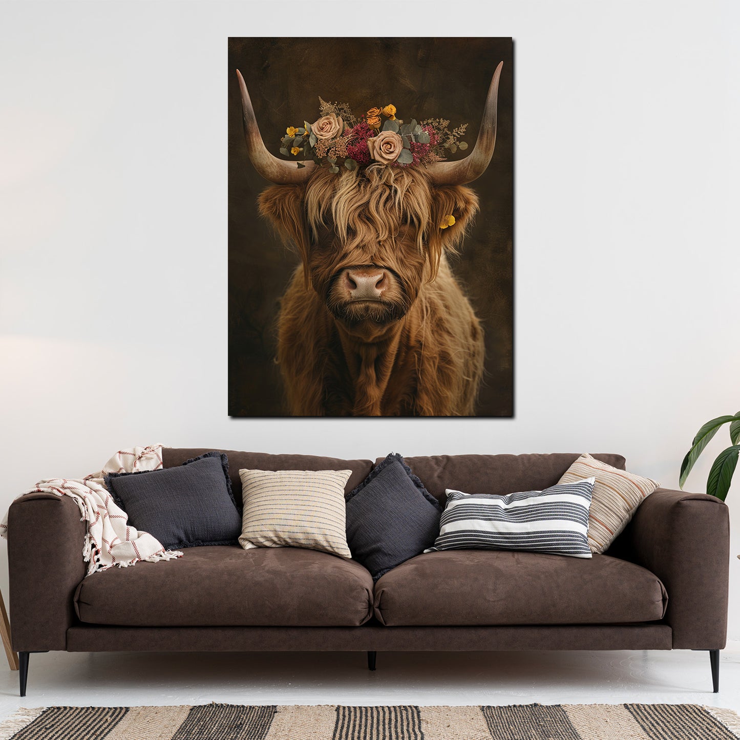Wandbild Kunstwerk Kuh mit Blumen Boho Romantik Naturstil modern