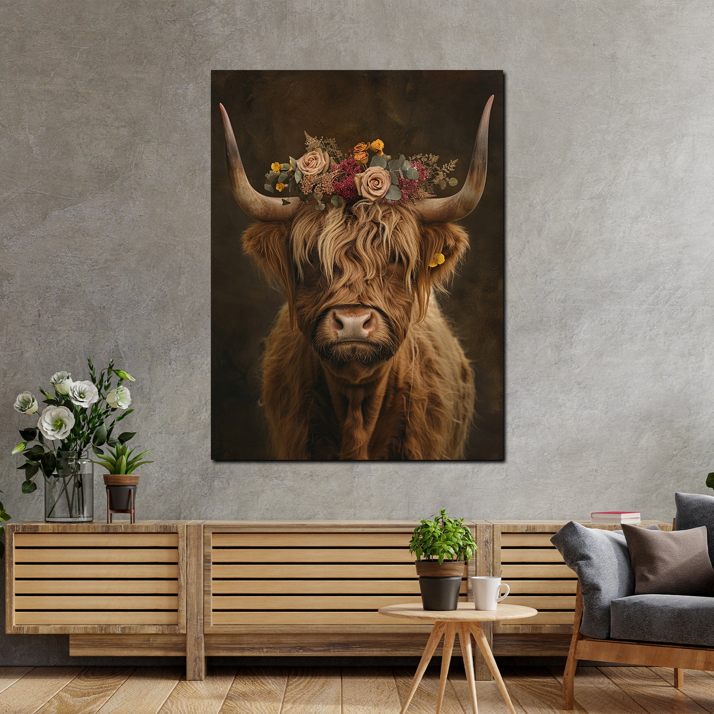Wandbild Kunstwerk Kuh mit Blumen Boho Romantik Naturstil modern