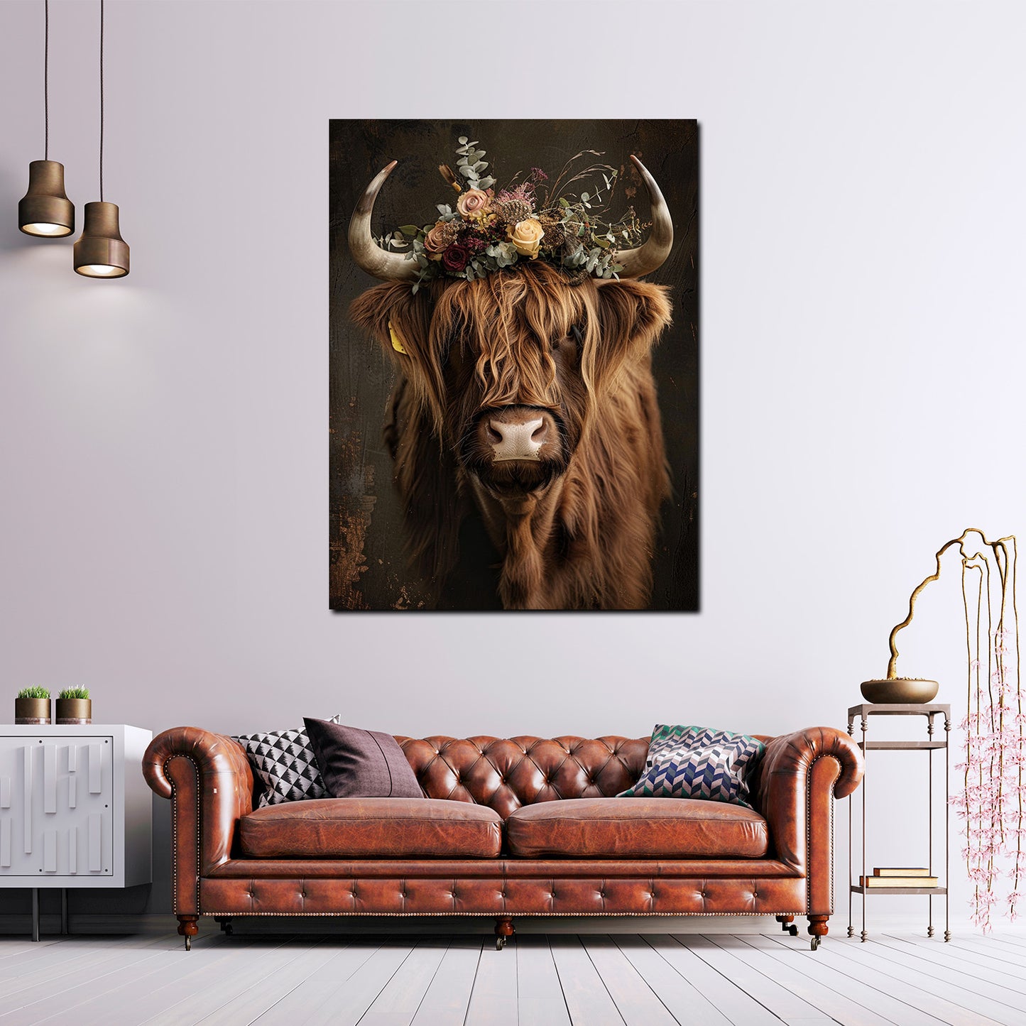 Wandbild Kunstwerk Kuh rustikal floral Vintage Stil