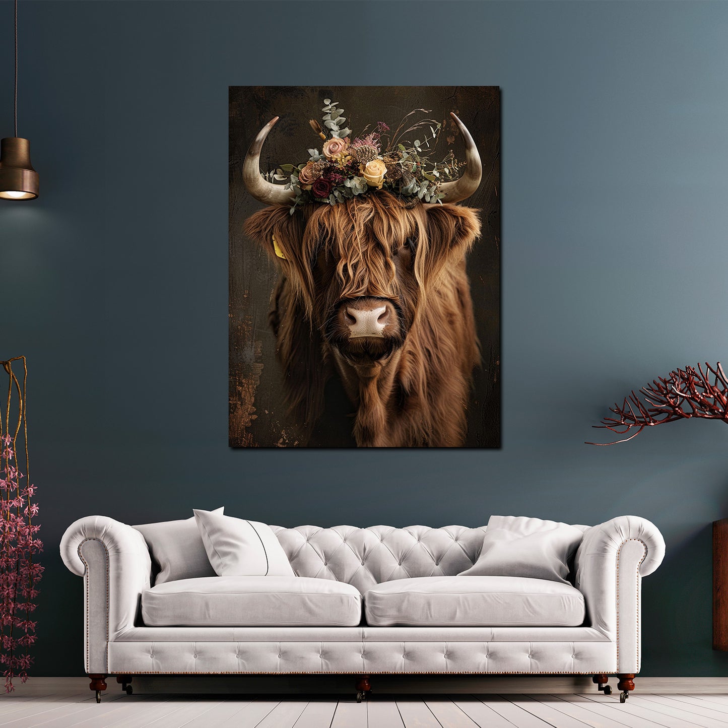 Wandbild Kunstwerk Kuh rustikal floral Vintage Stil