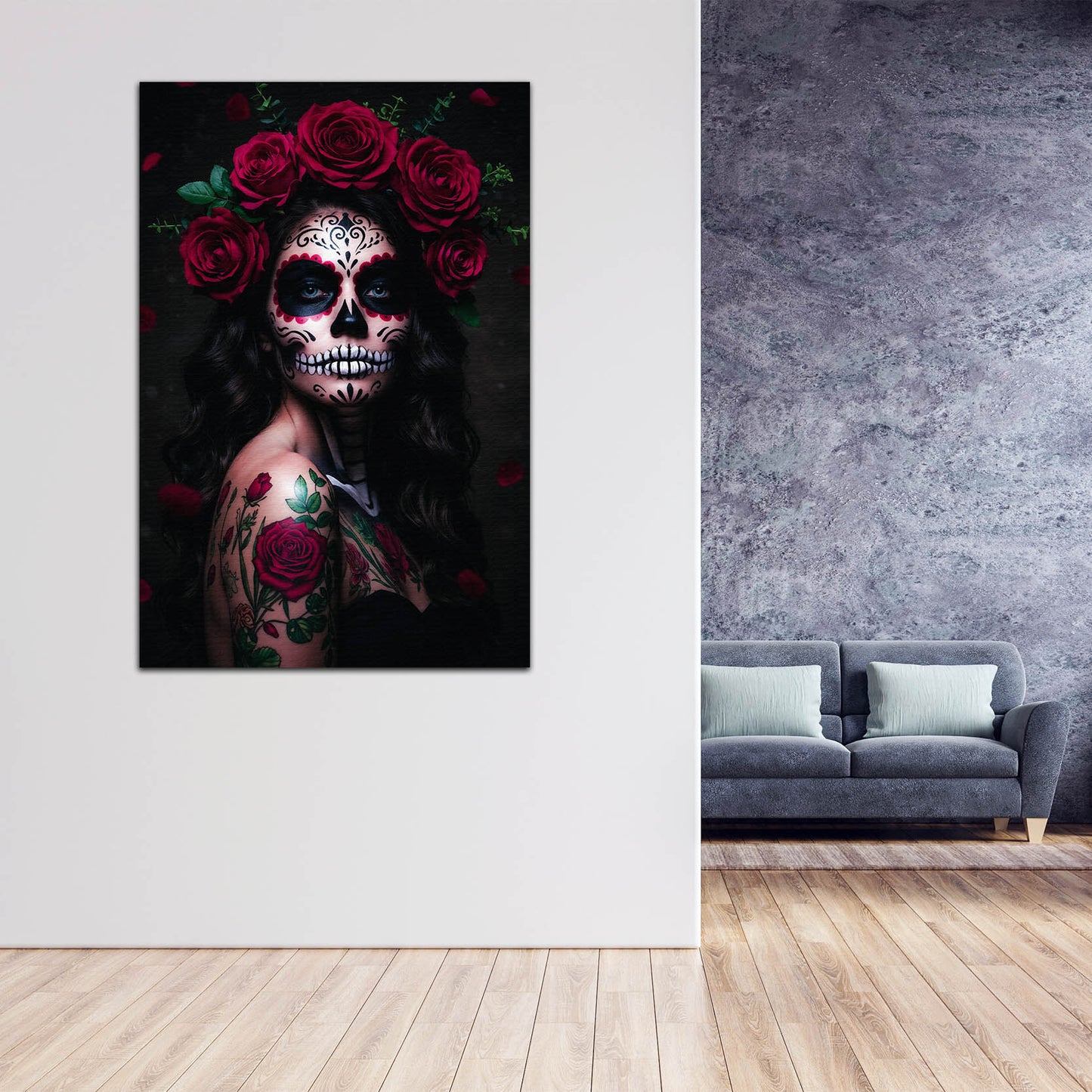Wandbild Kunstwerk La Catrina mystische Frau mit Rosen modern