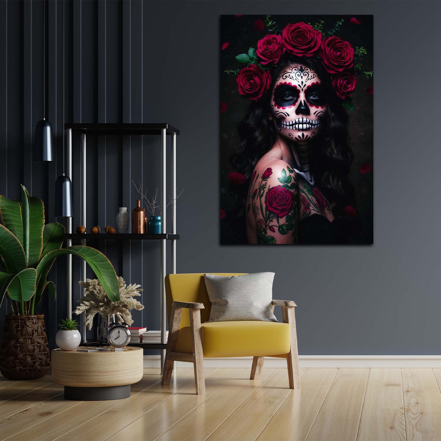 Wandbild Kunstwerk La Catrina mystische Frau mit Rosen modern