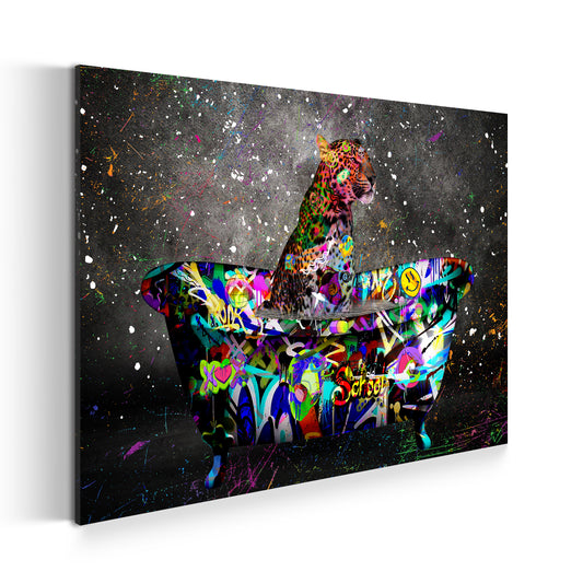 Leopard in Badewanne Graffiti Pop Art Style Wandbild Kunstwerk
