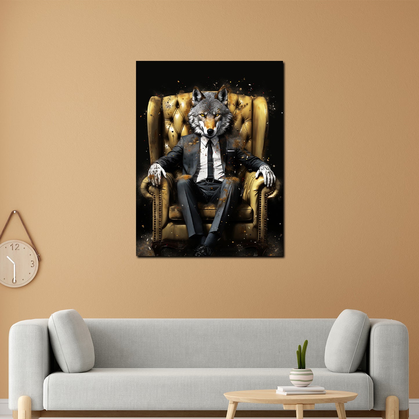 Lifestyle Wolf im Anzug Leder-Sessel Pop Art Wandbild Kunstwerk