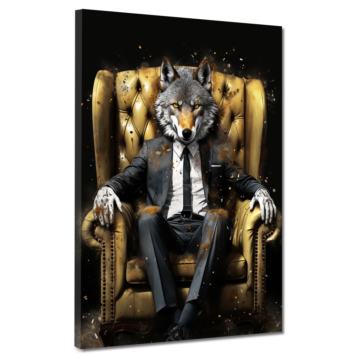 Lifestyle Wolf im Anzug Leder-Sessel Pop Art Wandbild Kunstwerk