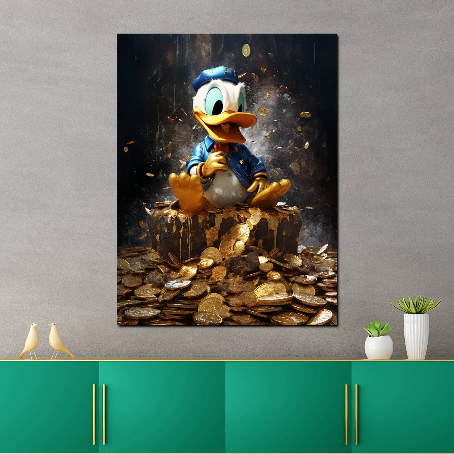 Little Duck sitzend in Goldmünzen Wandbild Kunstwerk