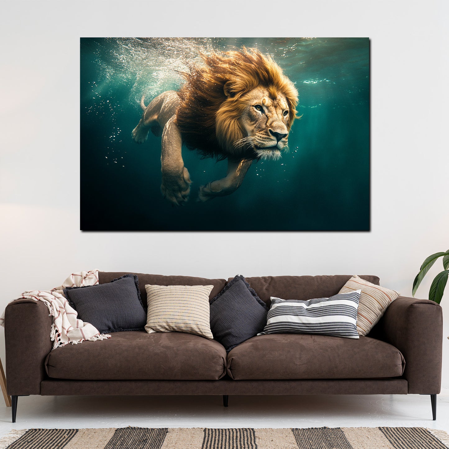 Wandbild Kunstwerk Löwe unter Wasser Abenteuer Stärke Natur modern