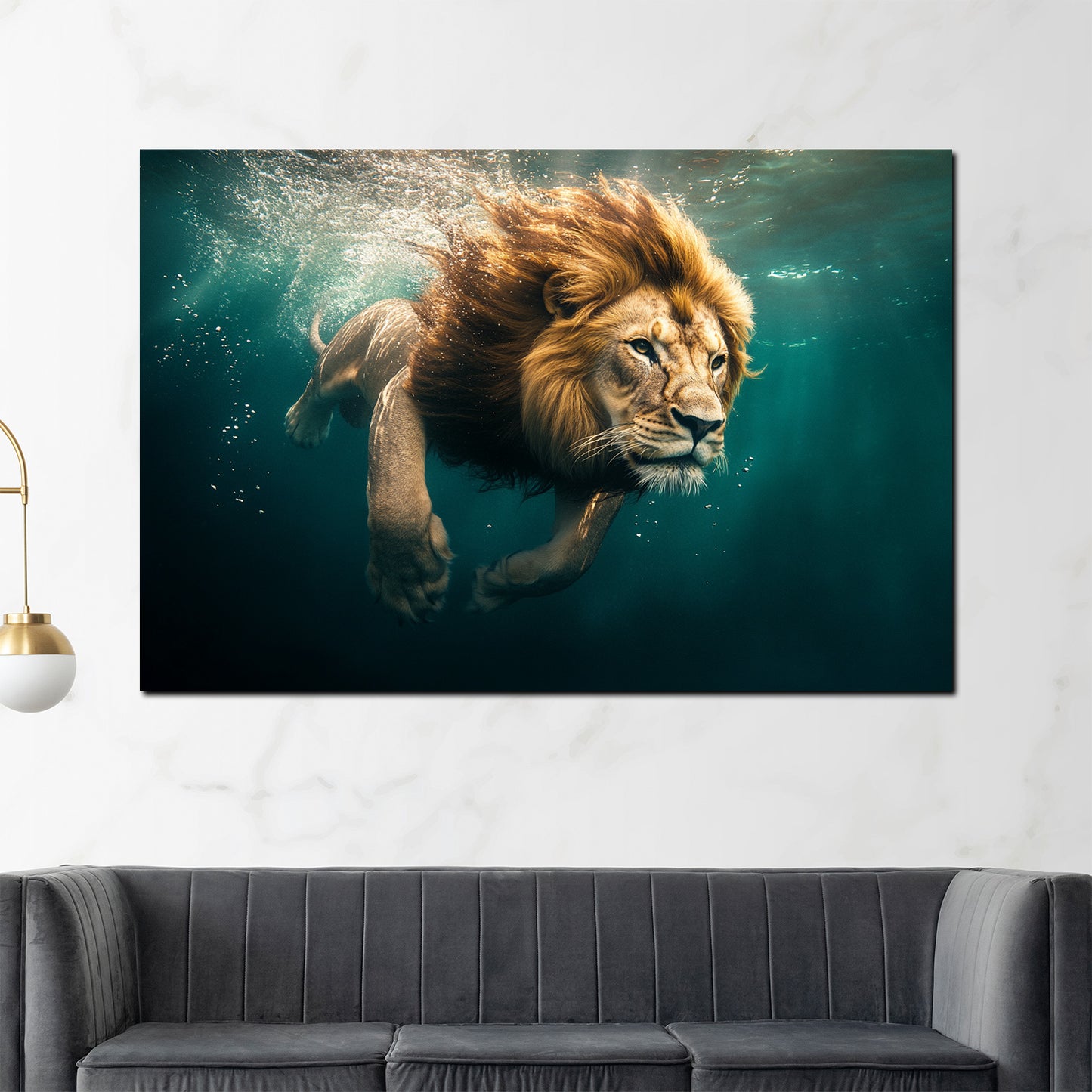 Wandbild Kunstwerk Löwe unter Wasser Abenteuer Stärke Natur modern
