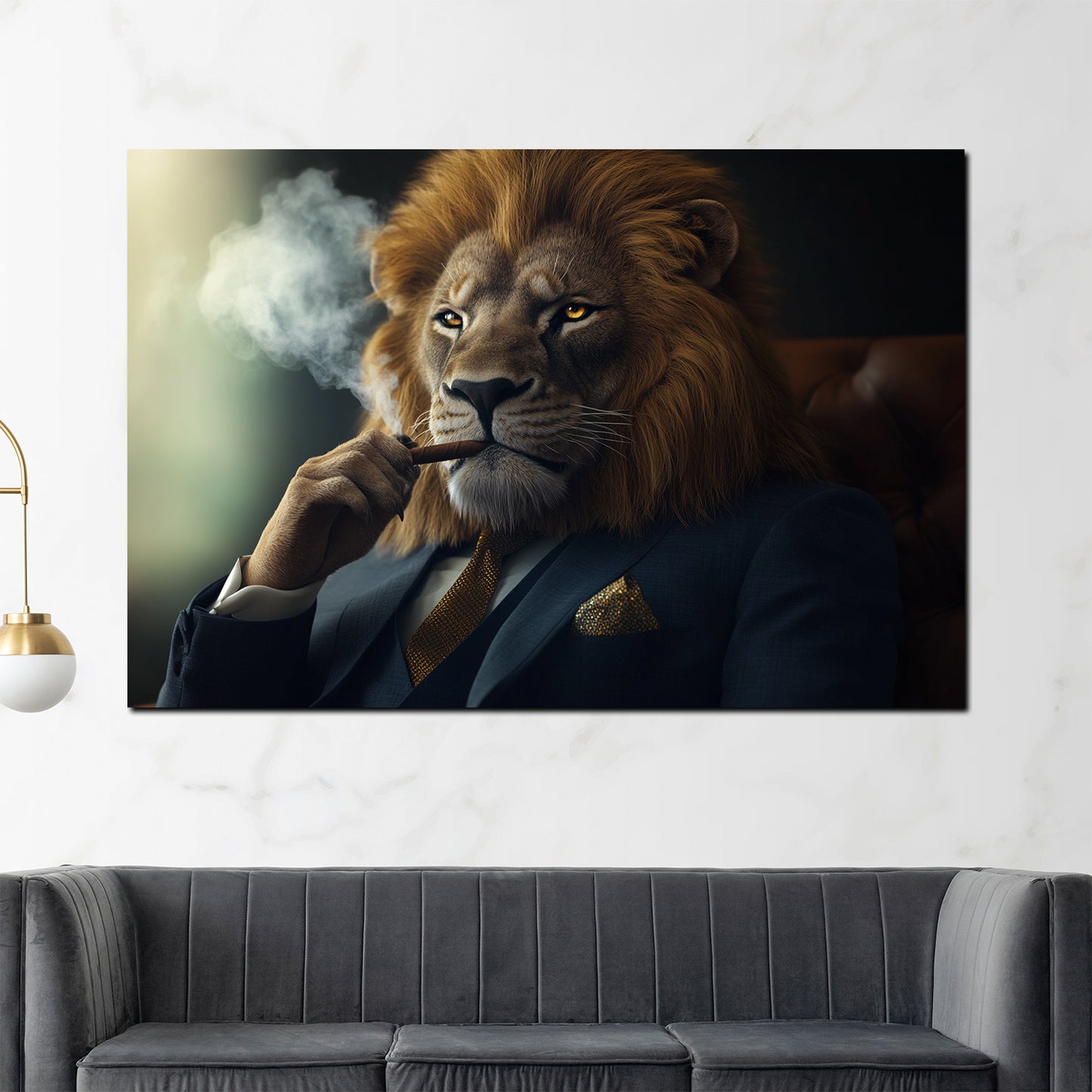 Löwe im Anzug mit Zigarre Motivation Luxus modern Wandbild Kunstwerk
