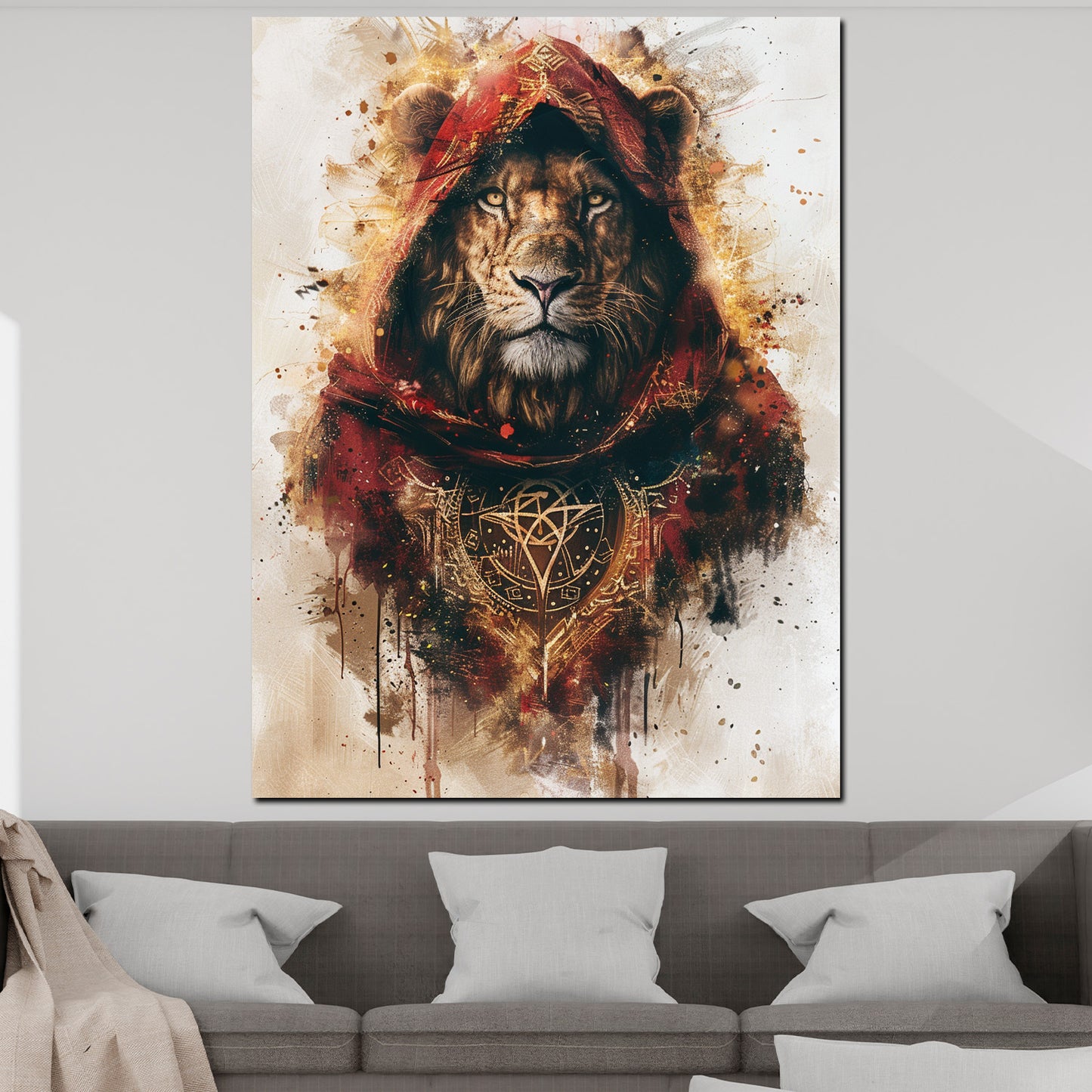 Löwe in Kapuzenumhang modern Wandbild Kunstwerk