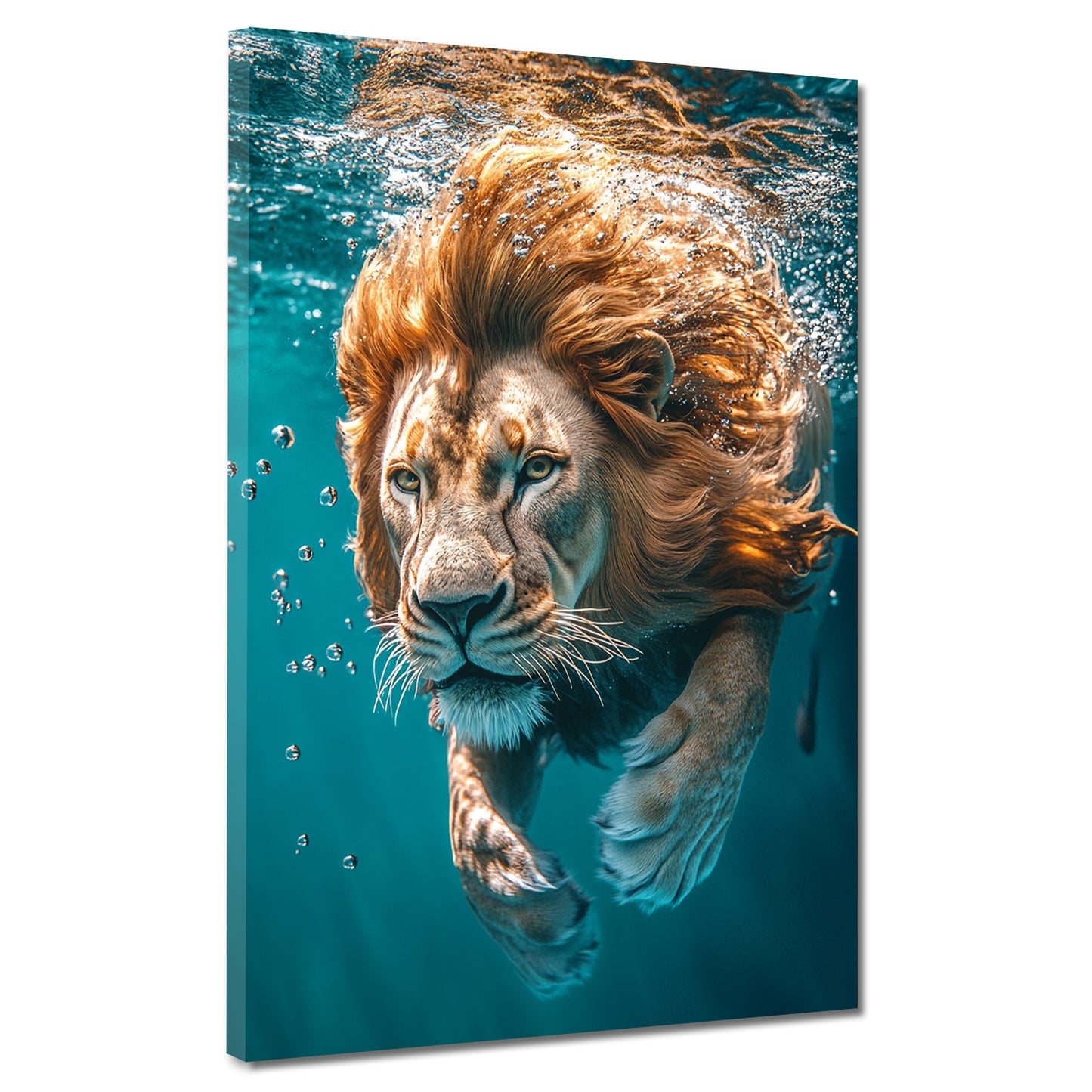 Wandbild Kunstwerk Löwe schwimmt fokussiert Tierwelt Natur