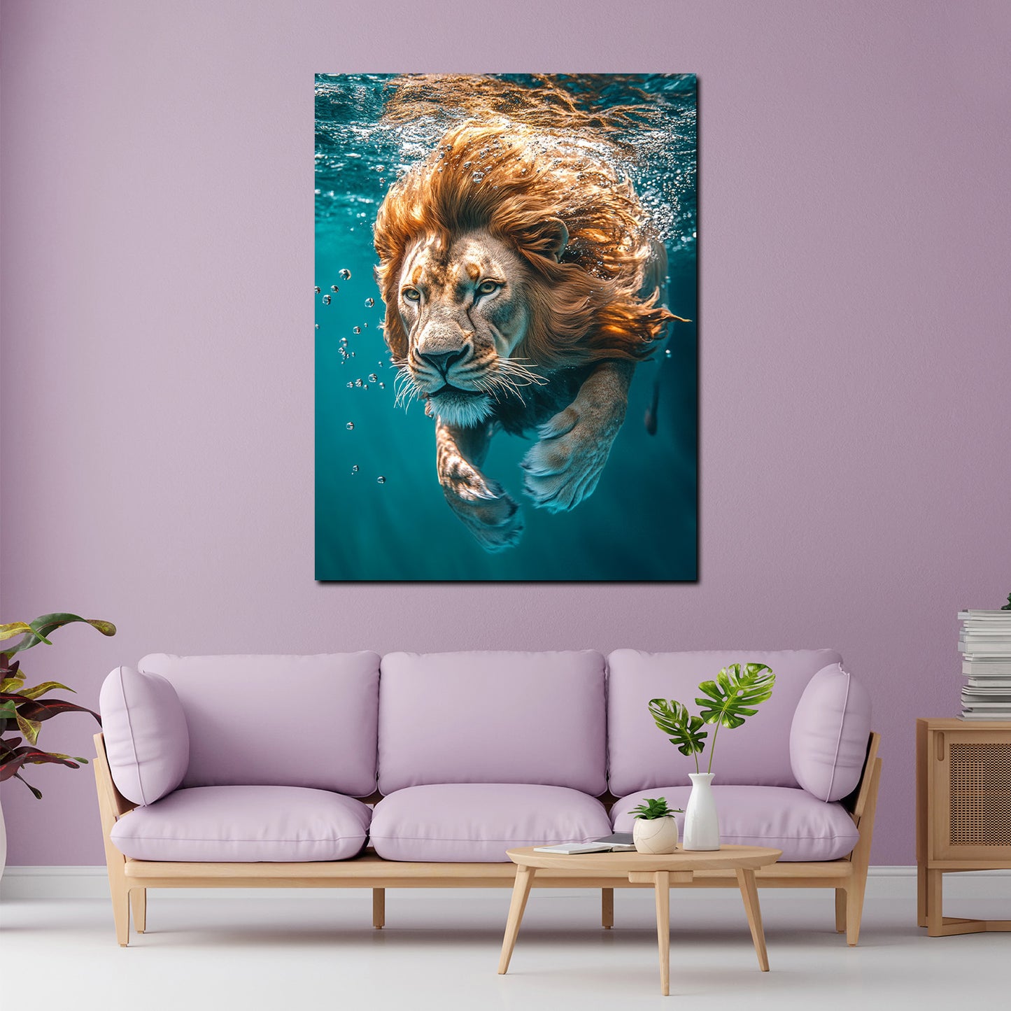 Wandbild Kunstwerk Löwe schwimmt fokussiert Tierwelt Natur