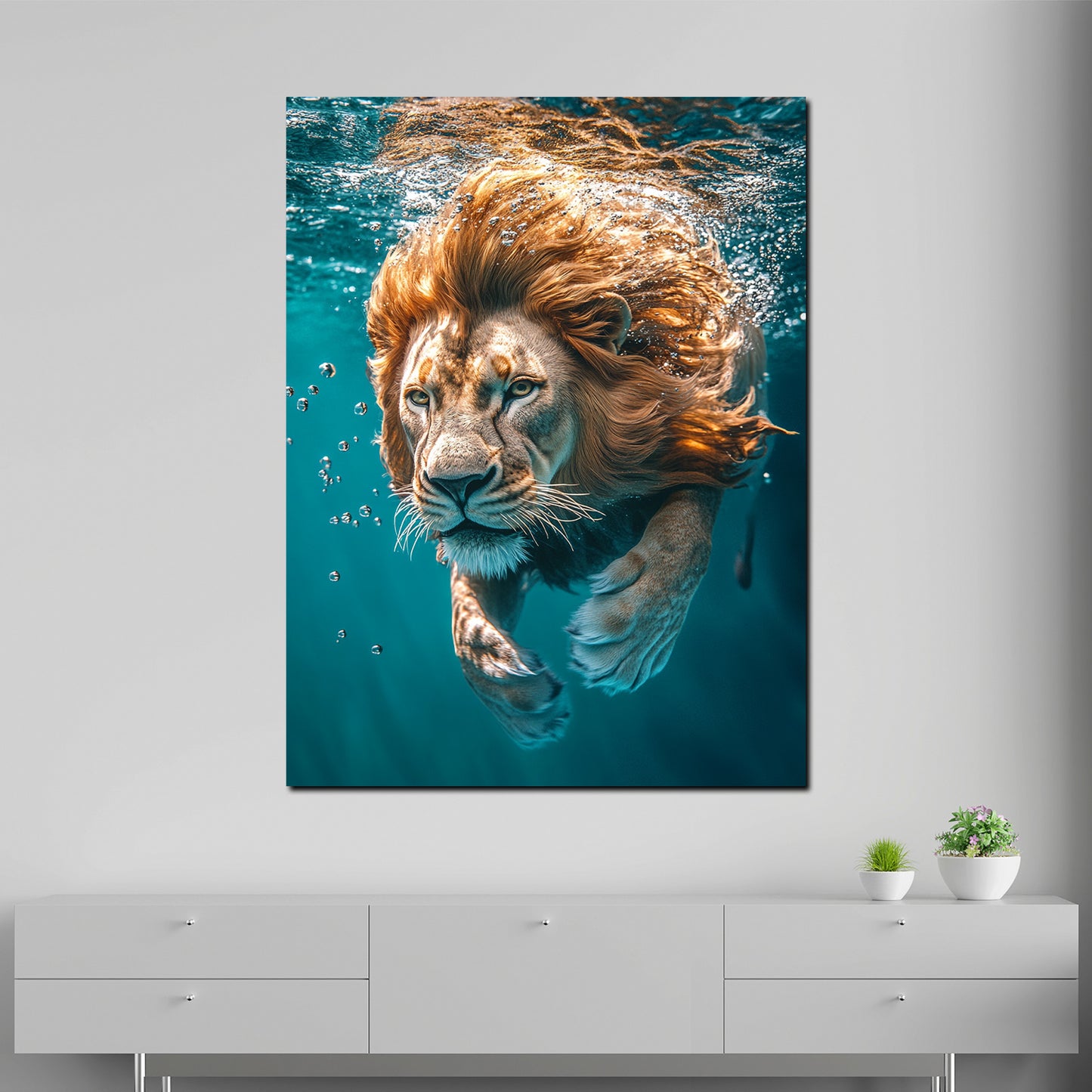 Wandbild Kunstwerk Löwe schwimmt fokussiert Tierwelt Natur