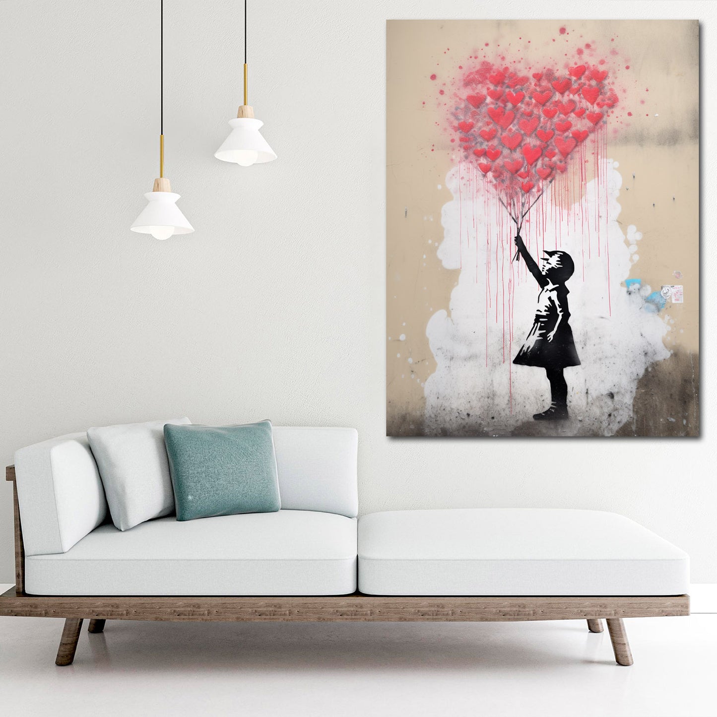Mädchen mit rotem Ballon aus Herzen, Street Art Banksy Art Wandbild Kunstwerk