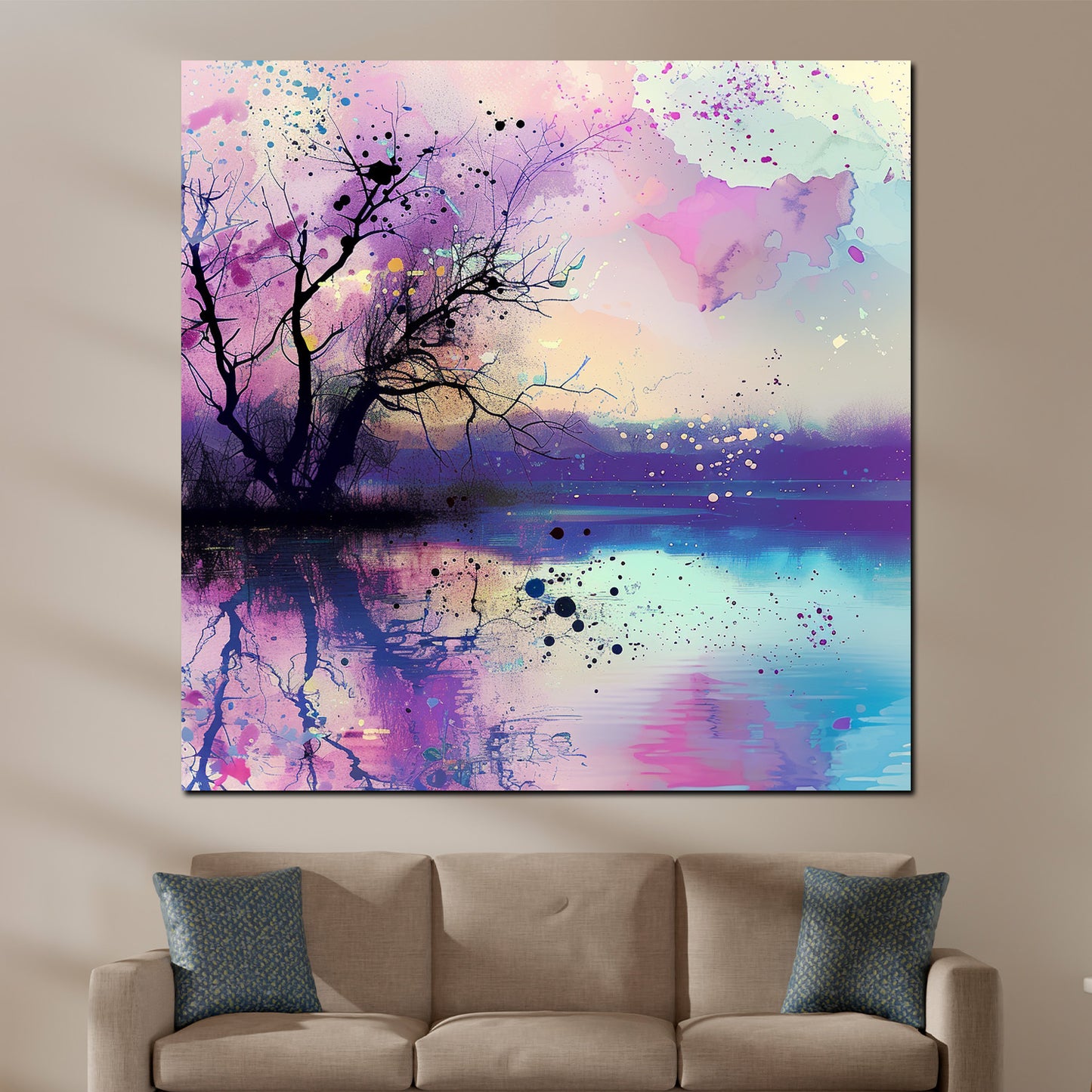 Magische Landschaft in Lila und Blau Wandbild Kunstwerk