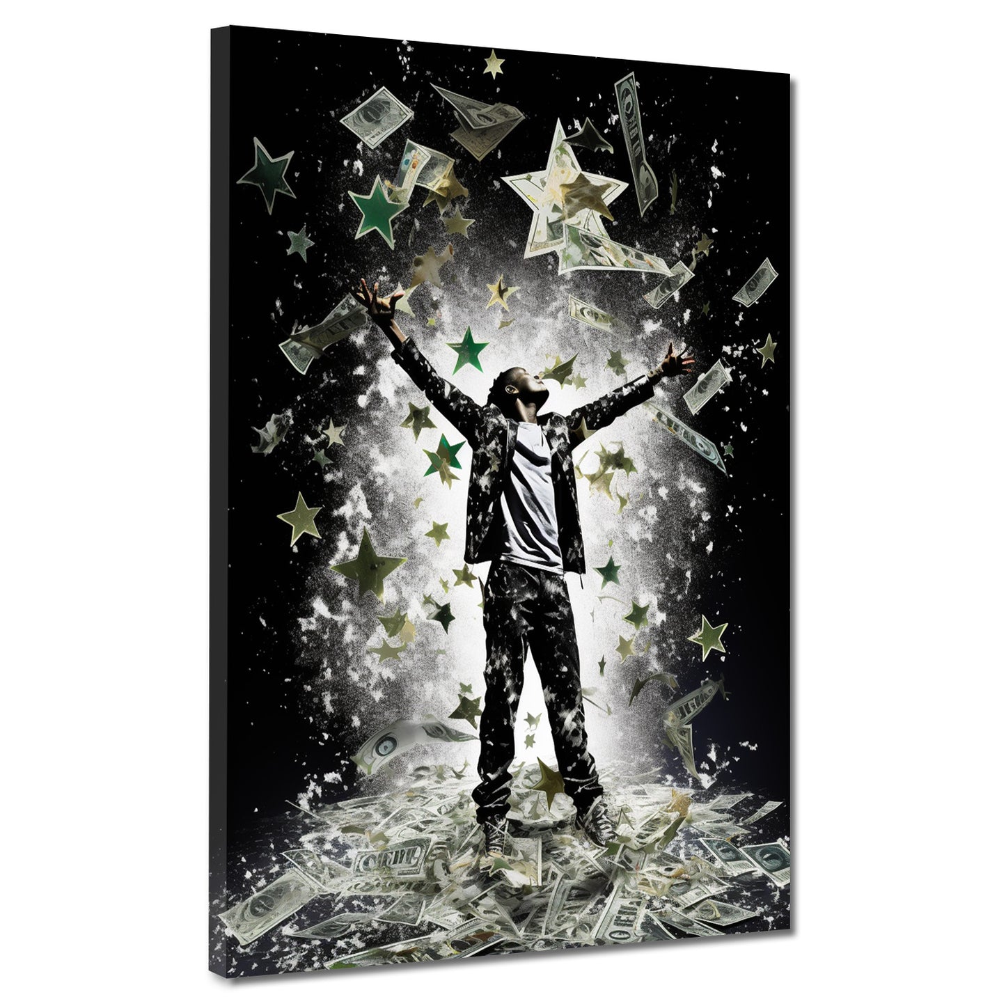 Wandbild Kunstwerk Mann Triumph Geld Sterne Motivation modern