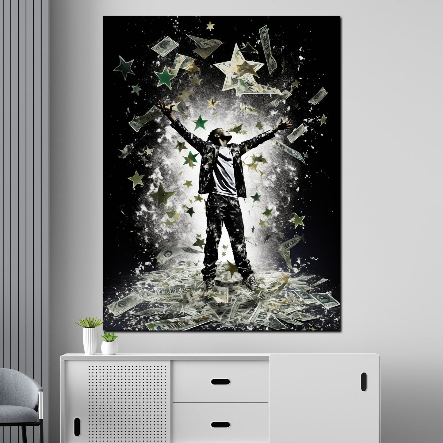 Wandbild Kunstwerk Mann Triumph Geld Sterne Motivation modern